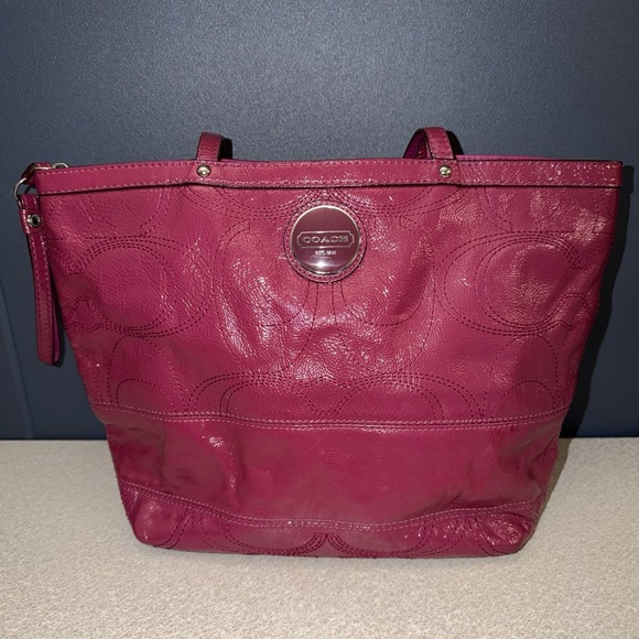 COACH F15142 BERRY PINK PATENT LEATHER SIG C PURSE TOTE SHOULDER SHOPPER BAG
